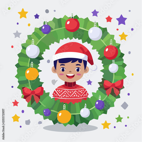 Happy Boy in Christmas Wreath with Ornaments and Stars