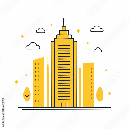 Modern Cityscape Illustration with Yellow Skyscrapers and Clouds
