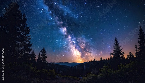 Majestic Milky Way Galaxy Over Silhouetted Forest Landscape.