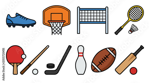 Photos Collection of various sports equipment icons.