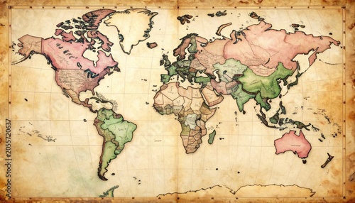 Vintage World Map Illustration with Aged Paper Texture.