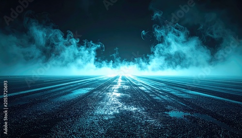 Mysterious Glowing Foggy Road at Night.