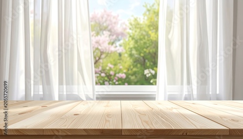 Empty Wooden Table with Sheer Curtains and Greenery View.