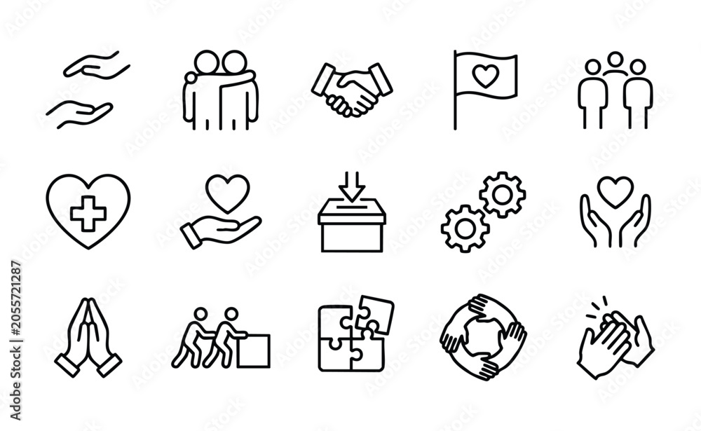 Fototapeta premium A set of black line icons depicting various charitable and community concepts on a white background