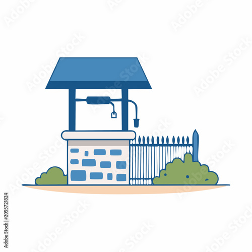 Illustration of a traditional stone well with a blue roof