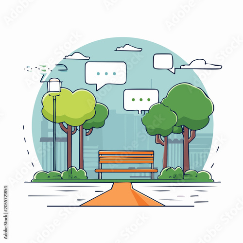 Park Bench with Speech Bubbles and City Skyline