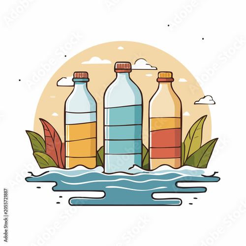 Three bottles of liquid on water with leaves and clouds