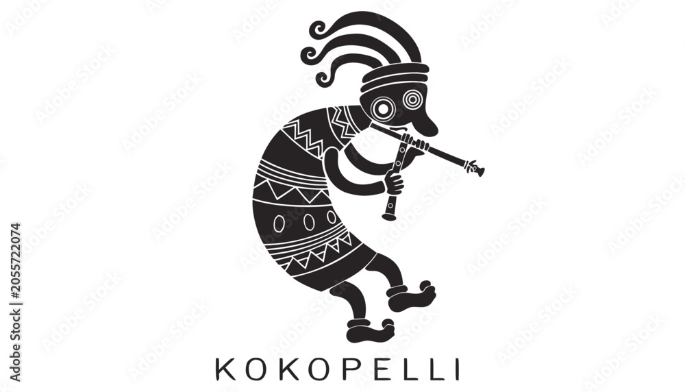 Fototapeta premium Very beautiful black-and-white engraved vector illustration featuring KOKOPELLI playing a flute with elegant traditional details and a cultural label reading 