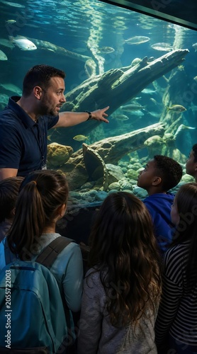 Aquarium specialist teaching children at riverbed exhibit