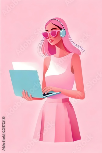 modern, woman, laptop, working, illustration