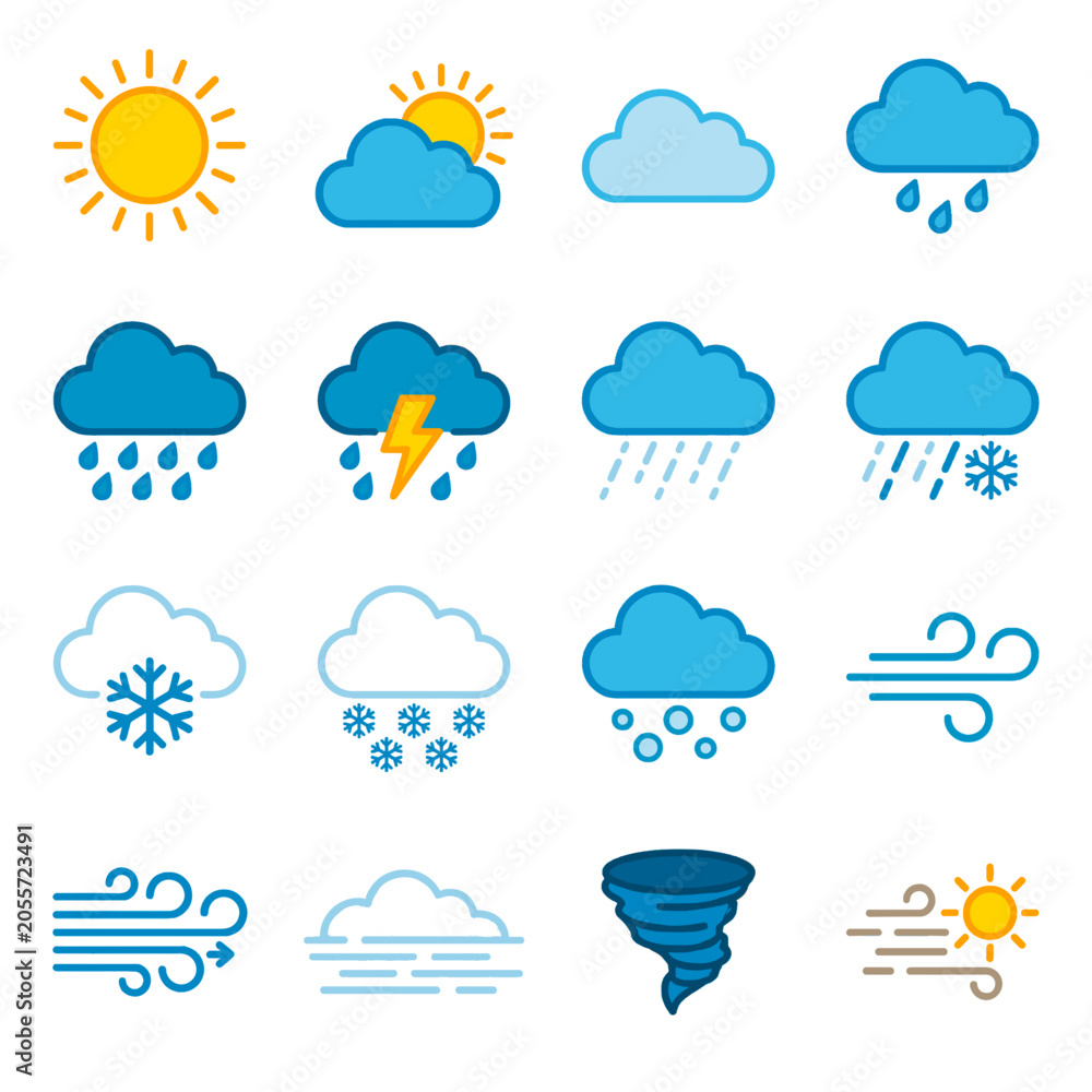 Obraz premium Collection of weather icons showing sun clouds rain snow wind storm and tornado