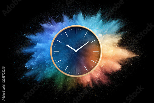 Clock with an explosion of colored powder on a black background