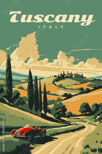 Illustration with a beautiful view of the hills of Tuscany, Italy