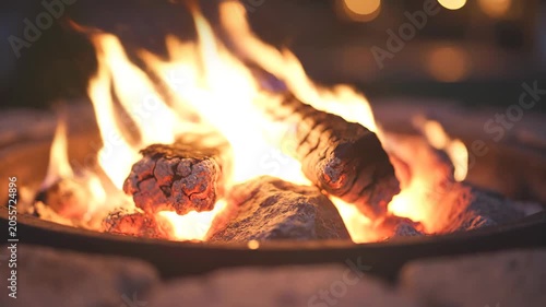 Medium shot of burning logs and glowing orange embers inside a stone patio fire pit