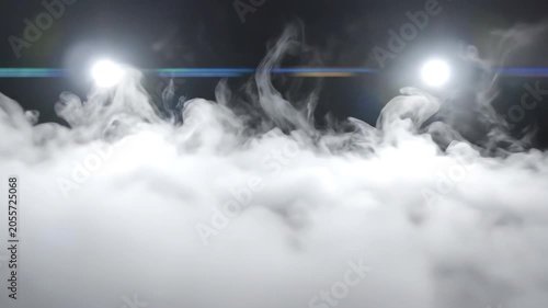 Dense white fog rolling on dark floor with backlit spotlights and anamorphic lens flare
