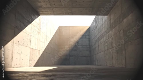Slow push in of minimalist concrete architecture with dramatic geometric sunlight shadow casting