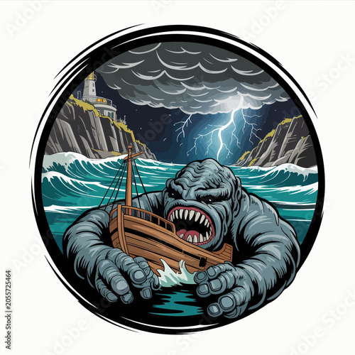 Εκτύπωση καμβά Monster emerging from sea during storm.