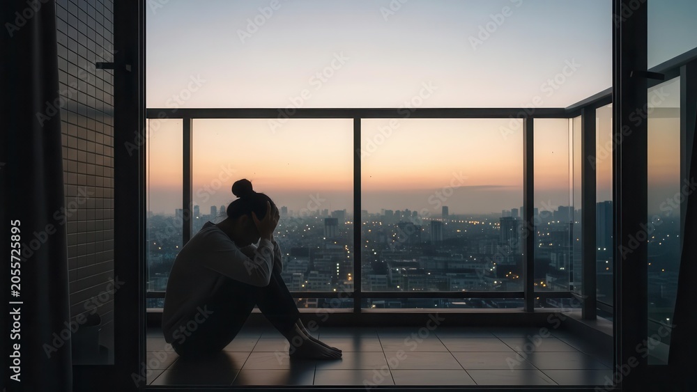 Fototapeta premium A person sitting alone on a balcony overlooking a city at sunset, appearing sad and contemplative.