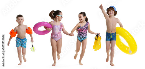 Фотография Children in beachwear running on white background