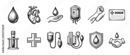Set of blood donation medical icons in a vintage engraving style, featuring a heart, drop, transfusion bag, and donor card for charity and healthcare concepts