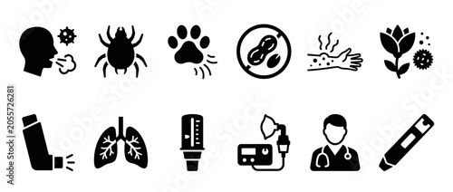 Black solid glyph icon set representing allergy and asthma concepts, including various allergens, respiratory and skin symptoms, and medical treatment devices like inhalers and nebulizers