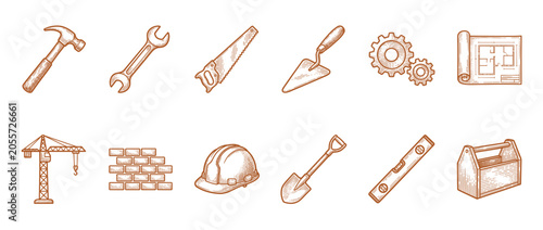 Collection of construction and building tools icons in a vintage hand-drawn sketch style including a hammer, saw, wrench, and hard hat