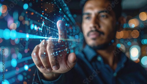 Man interacting with glowing digital data streams, fingertips touching a futuristic network