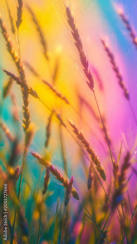 Obraz premium Grain spikes glowing with vibrant rainbow colors, abstract wheat field expressing summer growth and beauty