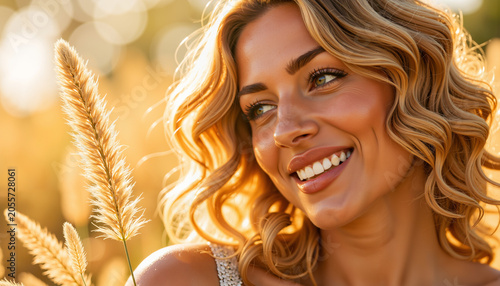 Young woman smiling in golden field during summer sunlight  