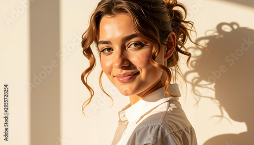 Young woman smiling with curly hair in sunlight at modern interior - Concept of Summer Vibes  