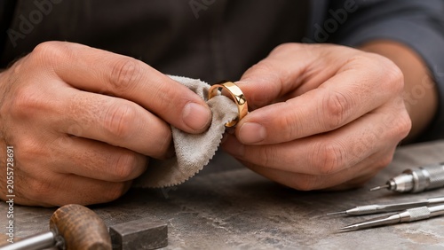 Jeweler man polishing gold ring on workshop table. Hands of goldsmith cleaning jewelry with microfiber cloth. Craftsmanship, precision work and maintenance of luxury metal accessory