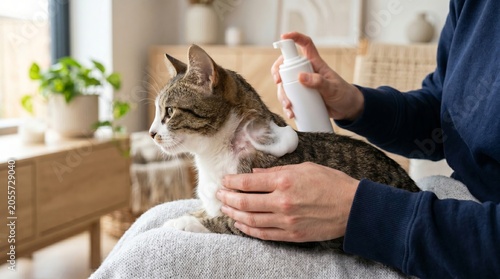 Woman applying waterless foam shampoo to coat of tabby cat. Owner cleaning domestic pet at home using grooming product. Veterinary hygiene care and feline wellness at home interior