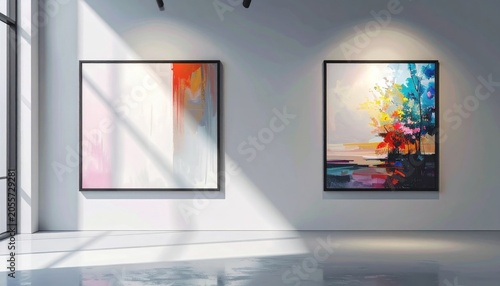 Modern gallery space with sunlight, featuring two colorful abstract paintings on white walls