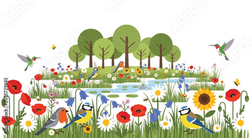Vibrant garden park landscape with trees, flowers, a pond, and birds in a sunny outdoor scene.