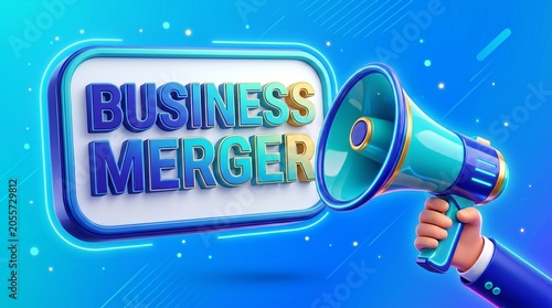 Business merger announcement with megaphone on blue background  