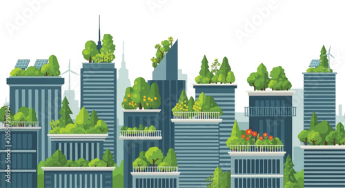 Sustainable city skyline featuring lush green rooftops on modern high-rise buildings.