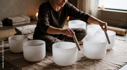 wellness retreat experience, hands gracefully playing crystal bowls during a serene sound bath