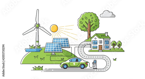 Illustration of renewable energy landscape showing wind turbine solar panels house and car on a sunny day.