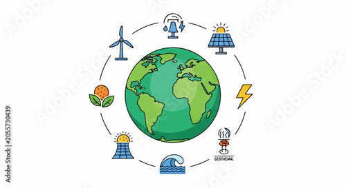 Global Earth at Center with Renewable Energy and Sustainability Icons Illustrating Environment and Technology.