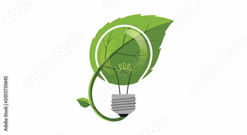 Eco energy concept illustration featuring a light bulb integrated with a green leaf and circular emblem.