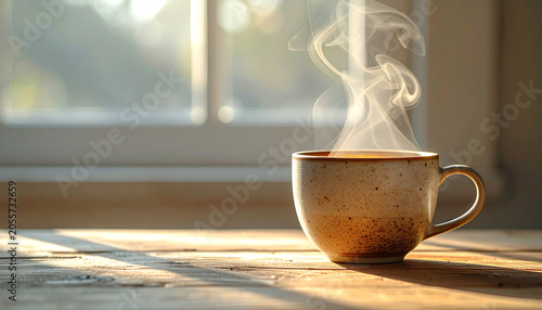 coffee cup placed near window on wooden table with soft morning ligh