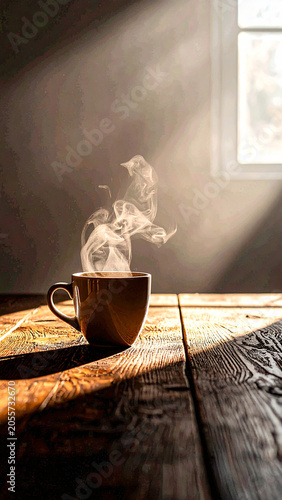 coffee cup placed near window on wooden table with soft morning ligh