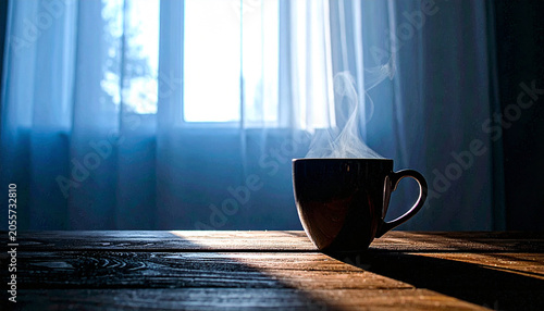 coffee cup placed near window on wooden table with soft morning ligh