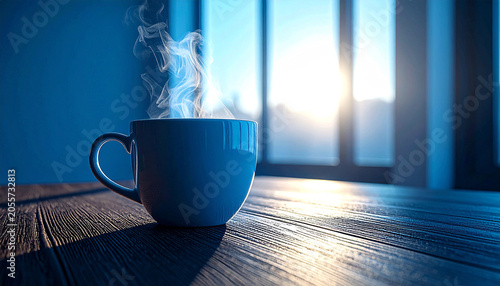 coffee cup placed near window on wooden table with soft morning ligh