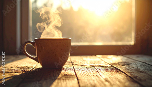coffee cup placed near window on wooden table with soft morning ligh