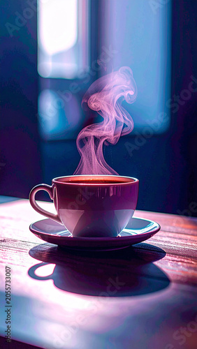 coffee cup placed near window on wooden table with soft morning ligh