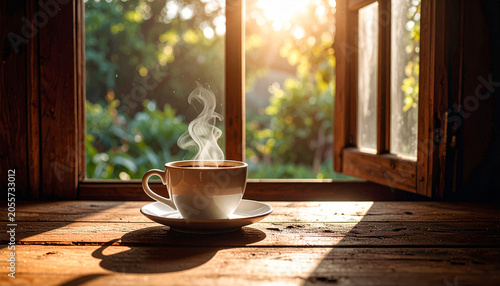coffee cup placed near window on wooden table with soft morning ligh