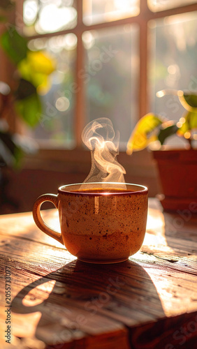 coffee cup placed near window on wooden table with soft morning ligh