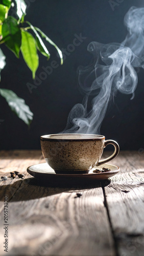 coffee cup placed near window on wooden table with soft morning ligh
