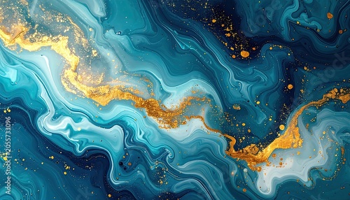 Abstract Swirls of Teal Blue and Gold Liquid Art.